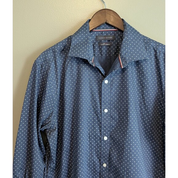 Tommy Hilfiger Size Large Blue Shirt Mens Dot Button Up THFlex Slim Fit Stretch - Picture 3 of 6